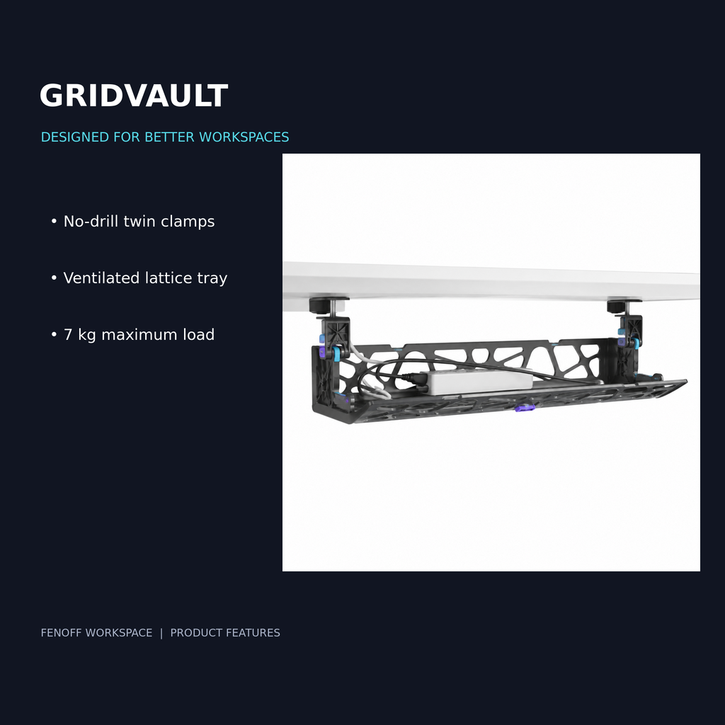 GridVault Clamp-On Under-Desk Cable Tray