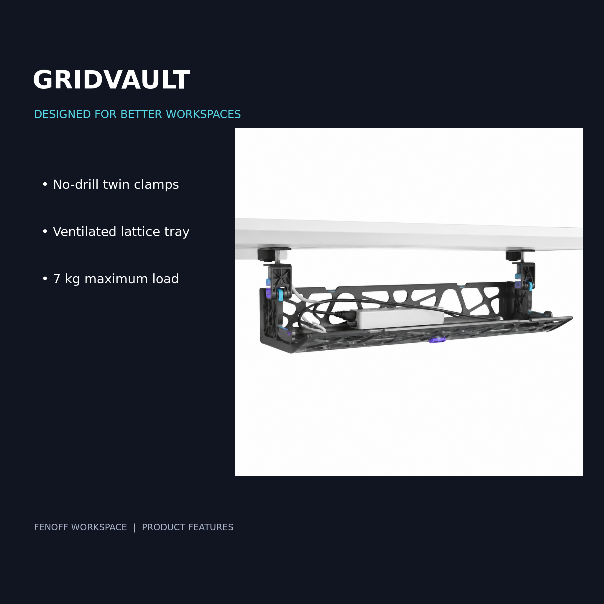 GridVault Clamp-On Under-Desk Cable Tray